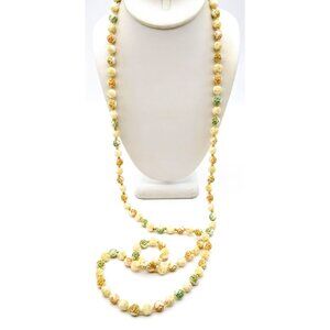 Carved Roses Long Beaded Necklace, Vintage Plastic Floral Strand in Flapper